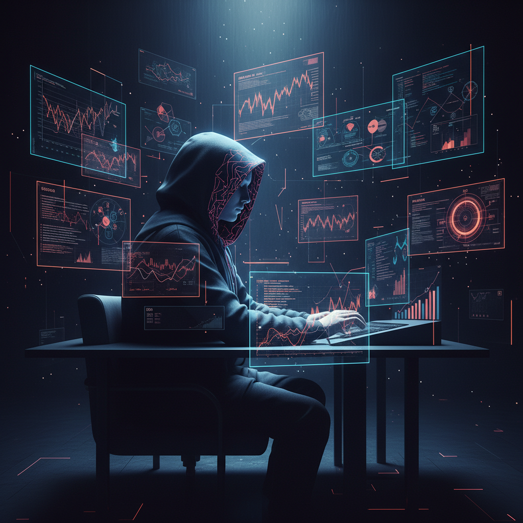 A figure representing Oracle making a thoughtful decision, surrounded by data charts, modern layout, high contrast, textured background, no text, 4:3 aspect ratio