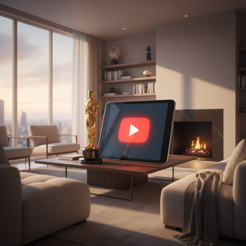 Gold Oscar statue next to a large tablet displaying YouTube logo in a modern living room setting with warm evening lighting cinematic atmosphere and no text