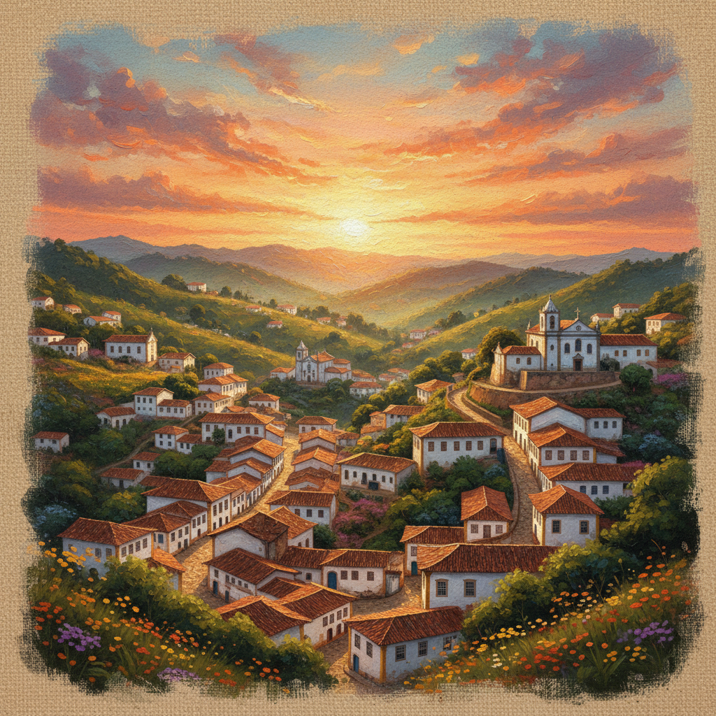 Wide angle view of the historic town of Ouro Preto with red tiled roofs and white colonial buildings on green hills, sunset lighting, artistic rendering, textured background, no text