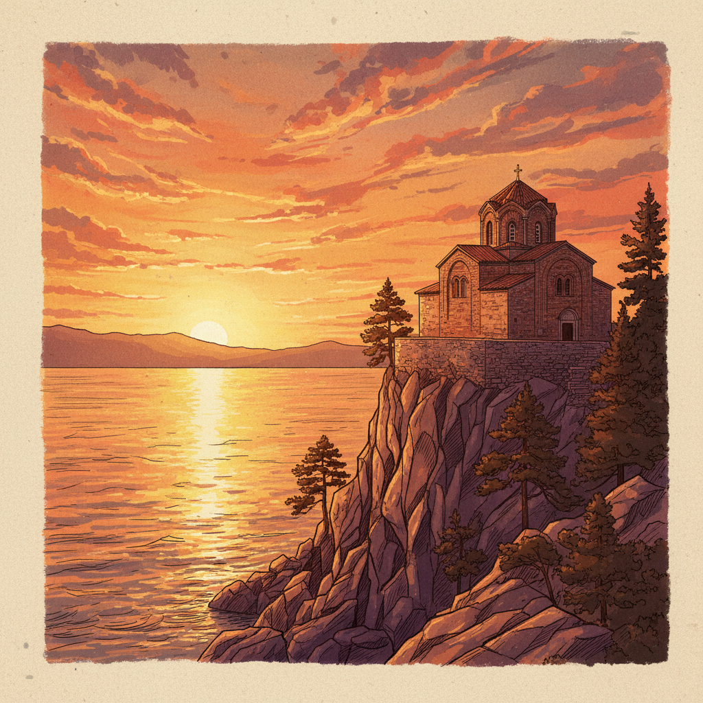 An artistic rendering of St. John at Kaneo church perched on a cliff overlooking Ohrid Lake, with a vibrant sunset casting warm hues over the water and sky. The architectural details of the church are highlighted, and the natural landscape is dramatic and beautiful. Style: illustration, artistic rendering, textured background. No text.