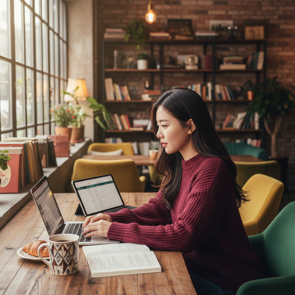 A young Korean woman studying with a laptop and tablet, cozy cafe interior, soft natural lighting, lifestyle photography, rich colors, no text