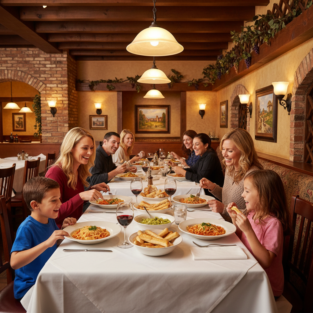 A cozy Olive Garden interior with families enjoying pasta and breadsticks, warm lighting, lifestyle photography, natural expressions, no text