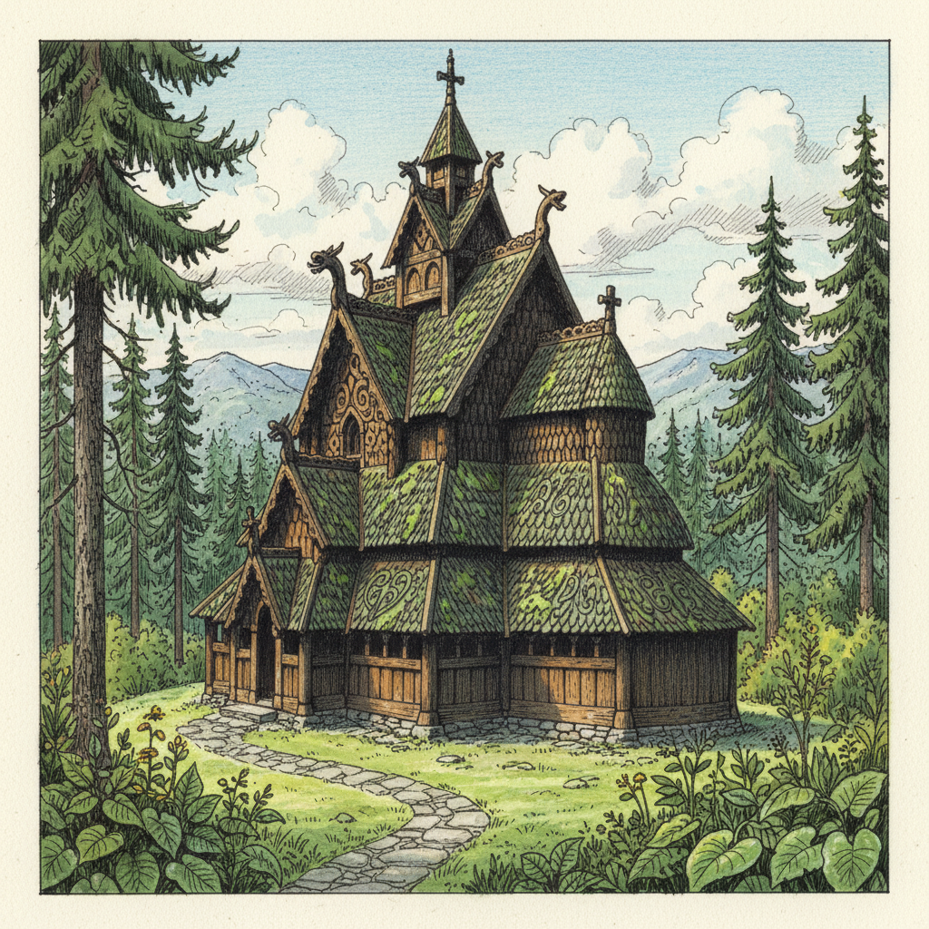illustration, artistic rendering of the exterior of Urnes Stave Church in Norway, showcasing its unique wooden architecture and intricate carvings, nestled in a lush green natural setting with a textured background, bright and balanced lighting, no text