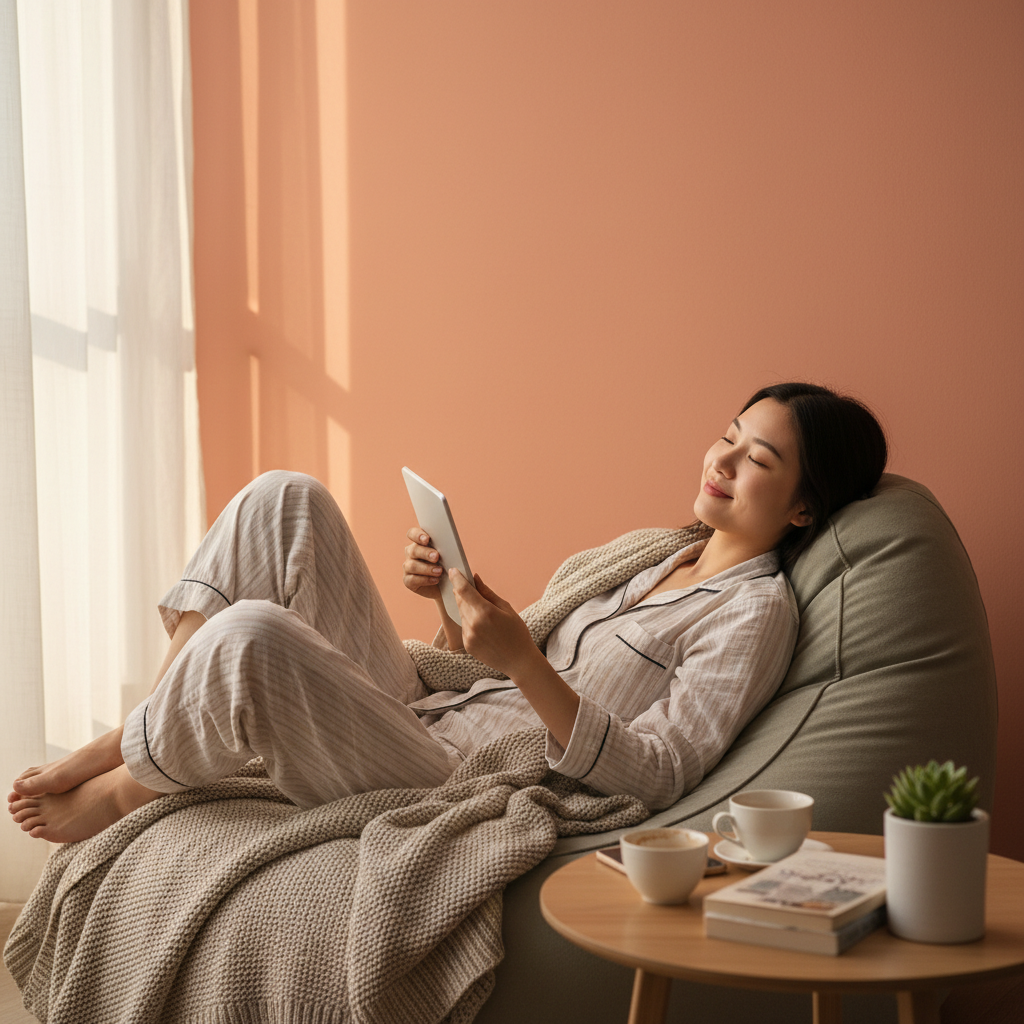 A young Chinese woman casually relaxing at home, symbolizing the "lying flat" movement and desire for work-life balance, cozy home interior, lifestyle photography, natural lighting, colored background, no text, aspect_ratio: 1:1