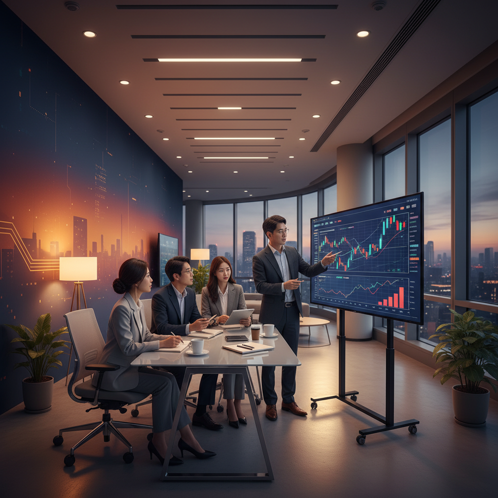 A professional scene of stock market analysts in a modern office discussing financial charts, warm lighting, colored background, Korean appearance, no text