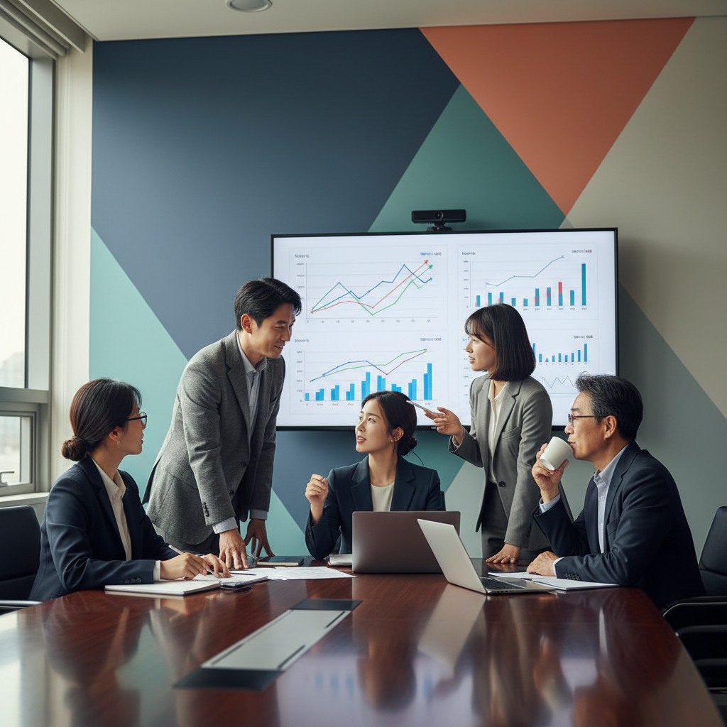 A group of diverse financial analysts with Korean appearance in a modern boardroom, discussing charts on a monitor, professional setting, bright balanced lighting, colored background, no text
