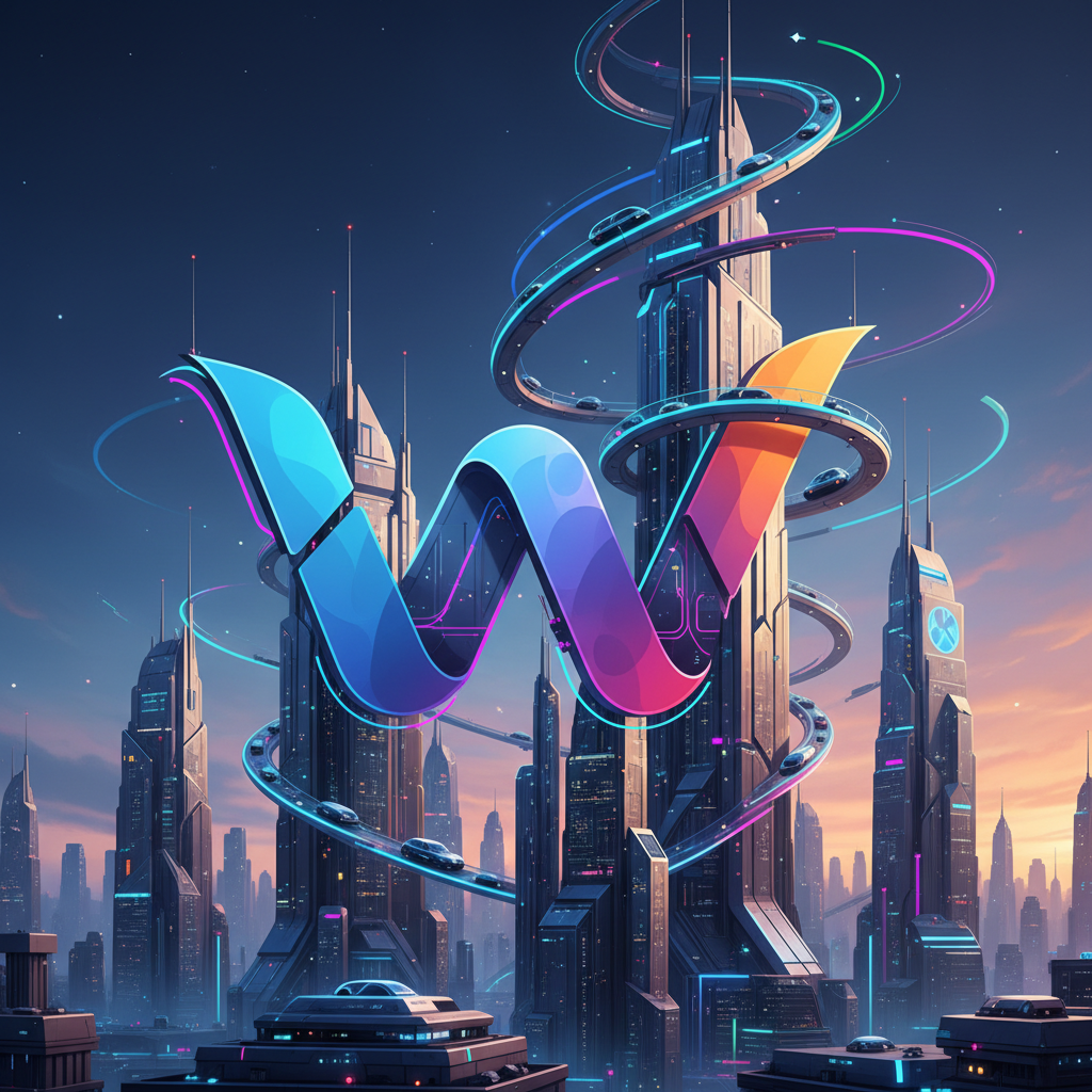 A stylized Waymo logo subtly integrated into a futuristic city skyline, representing growth and innovation, vibrant colors, clean design, colored background, no text, 4:3 aspect ratio