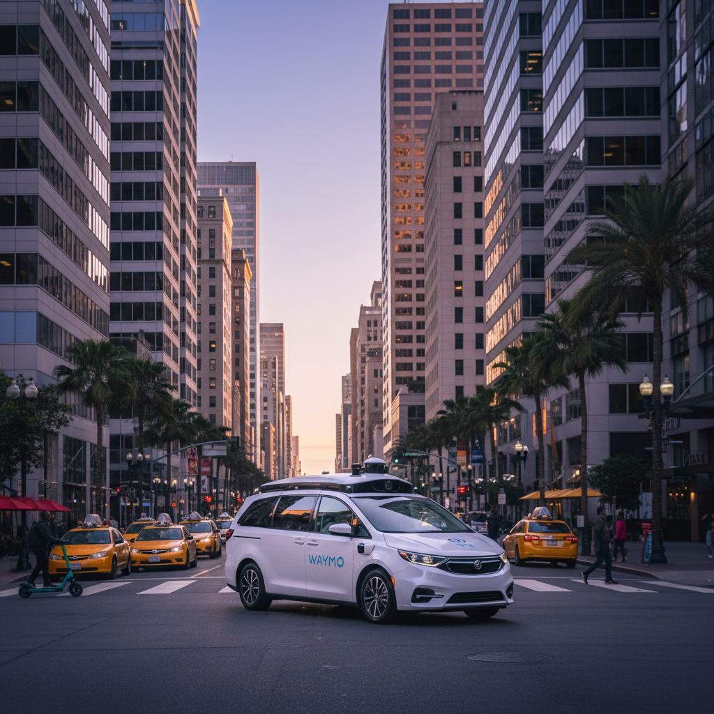 A sleek Waymo robotaxi driving autonomously on a busy city street, modern architecture in the background, bright lighting, realistic photography style, colored background, no text, 4:3 aspect ratio