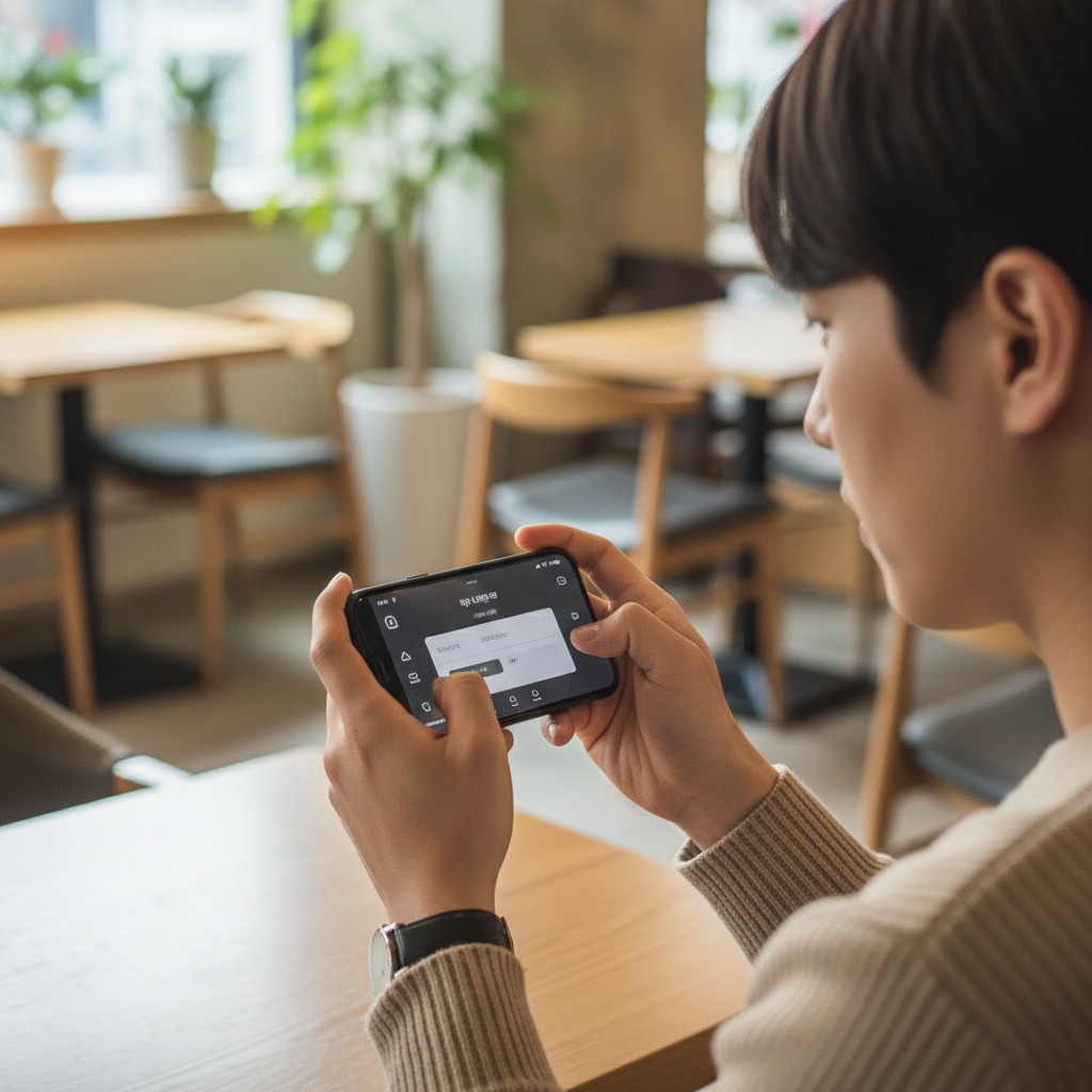 A close-up lifestyle photography shot of a Korean person checking a mobile application with a waiting list or reservation system on their smartphone, soft natural lighting, a blurred background of a cafe or restaurant interior, no text