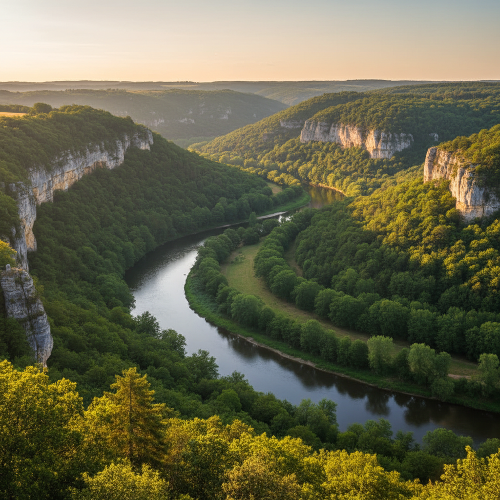 A beautiful lifestyle photography shot of the Vézère Valley landscape in France, featuring a river winding through cliffs with lush greenery, warm sunlight, natural setting, rich background, no visible text, no Korean characters.