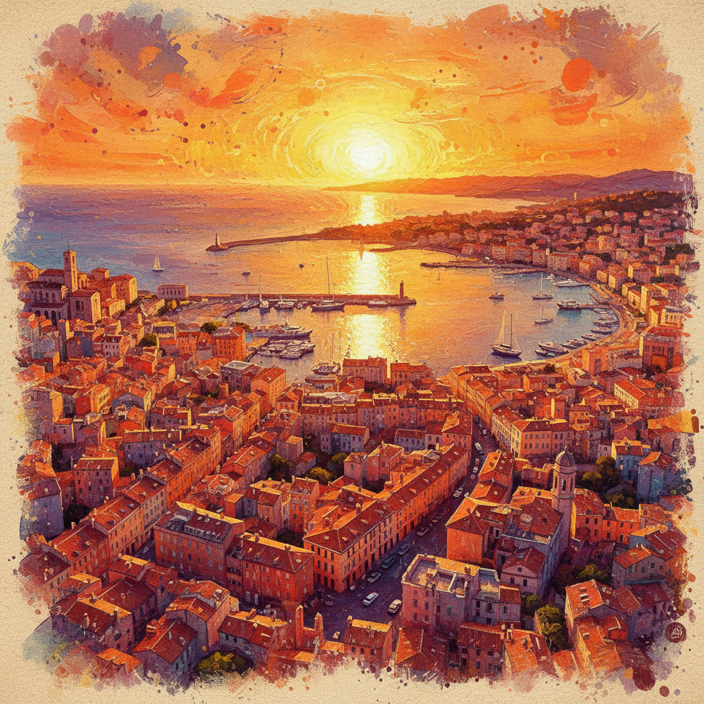 A beautiful aerial view of a European coastal city like Marseille at sunset vibrant colors artistic rendering textured background