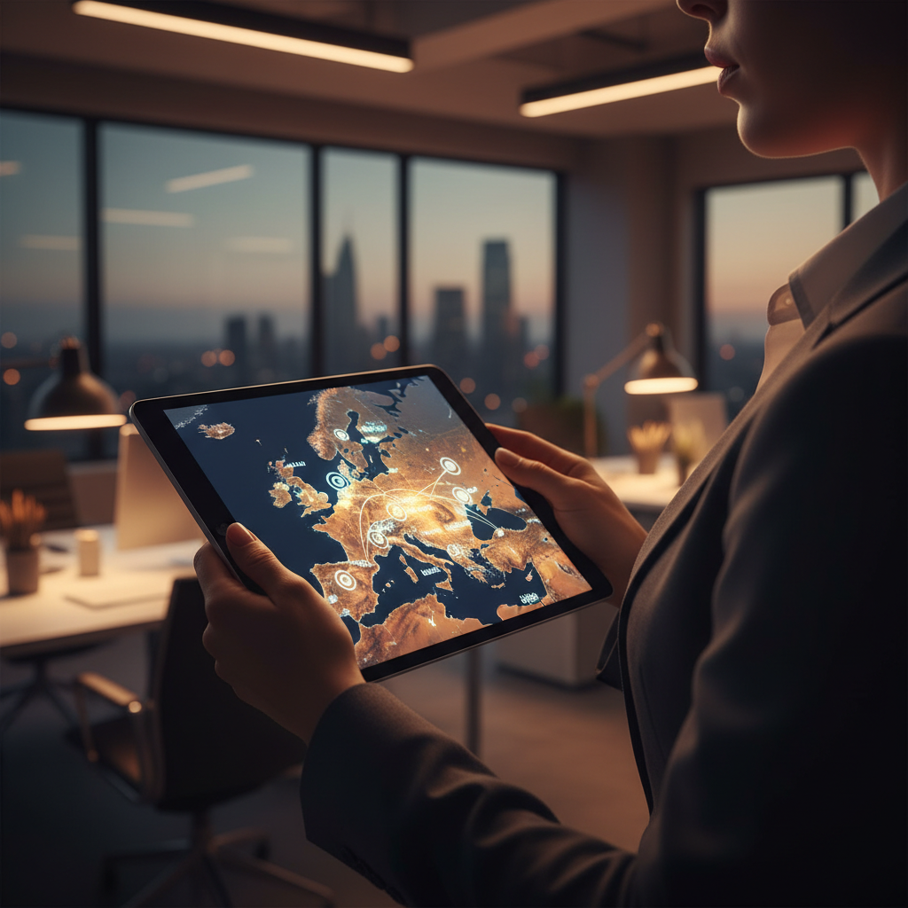 A person holding a tablet showing a glowing map of Europe with nodes on major cities, modern office setting, warm lighting, professional atmosphere, no text