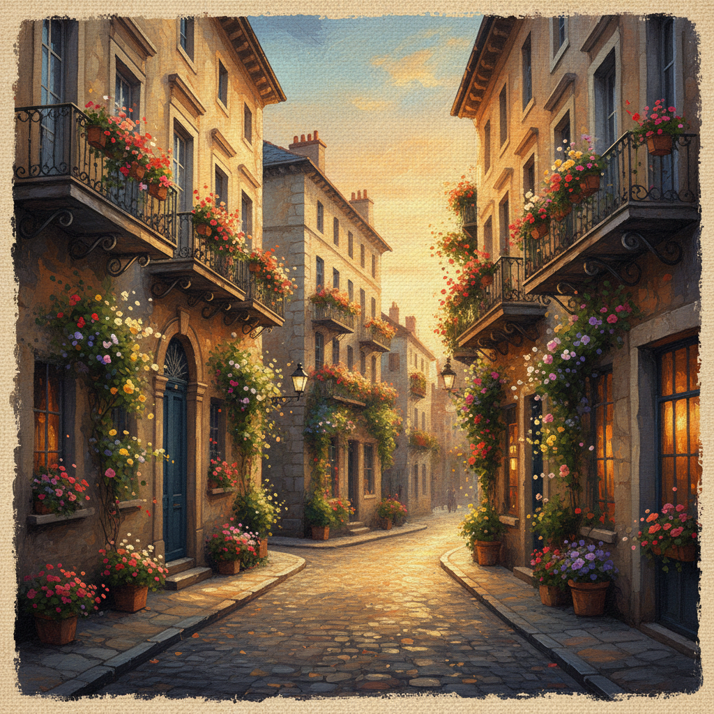 A beautiful boutique hotel street in Europe with flowers on balconies, sunset lighting, artistic rendering, textured background, no text