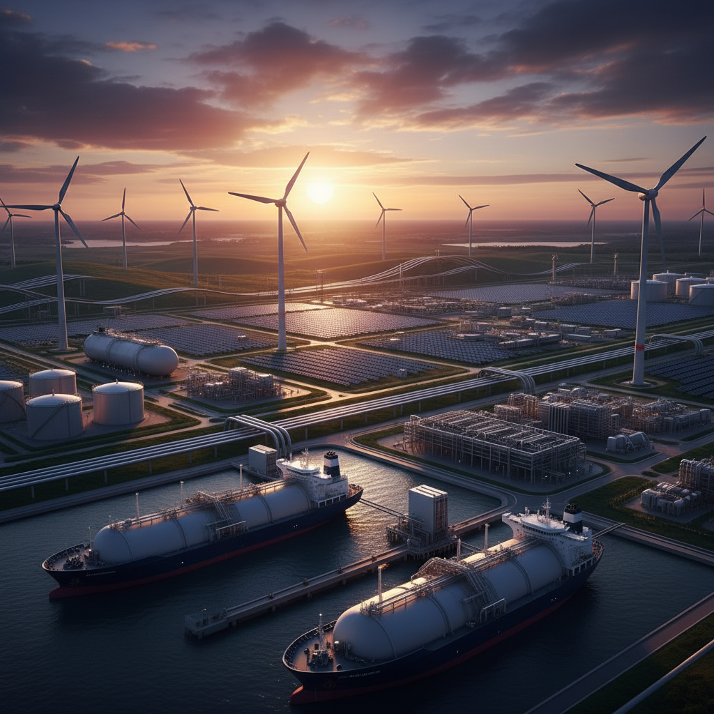 A wide landscape of a modern European energy hub featuring a mix of LNG terminals and renewable energy sources, sunset background, high contrast, clean layout, no text