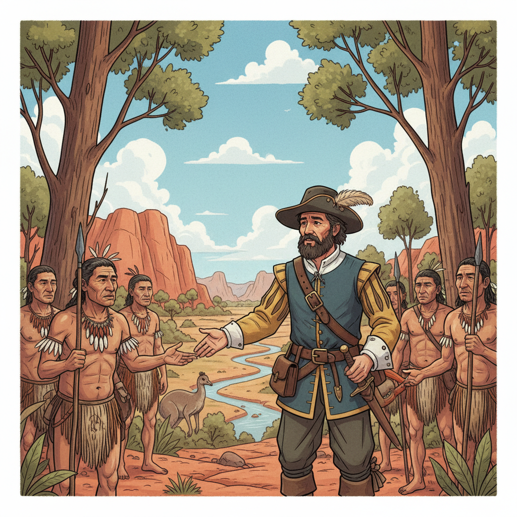 illustration, artistic rendering, textured background, an early European explorer cautiously interacting with an Indigenous Australian group. Both sides show curiosity and a hint of apprehension. Unique Australian landscape in the background. No visible text in image. Korean appearance, natural expression. Centered focus, visually rich, no empty margins. Bright, balanced lighting.