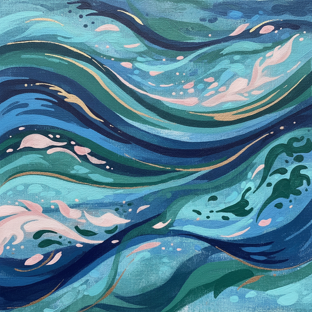An abstract painting in shades of blue, green, and a touch of soft pink, depicting the concept of adaptability and change. Dynamic brushstrokes and flowing lines suggest movement and flexibility. Illustration style, textured background, no visible text.