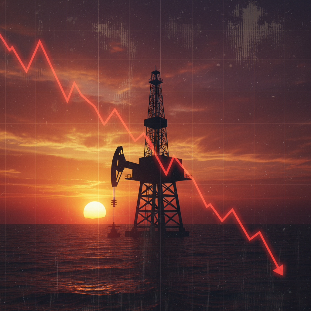 A modern oil rig silhouette against a sunset sky, with a downward trending oil price graph overlaid, industrial aesthetic, warm and dramatic lighting, no text, textured background