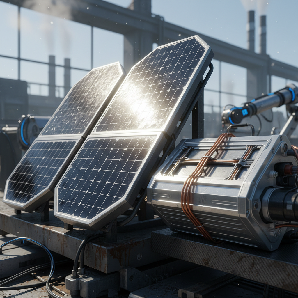 Close up of high-tech solar panels and electric vehicle components shining in the sun, realistic industrial style, rich textures, no text