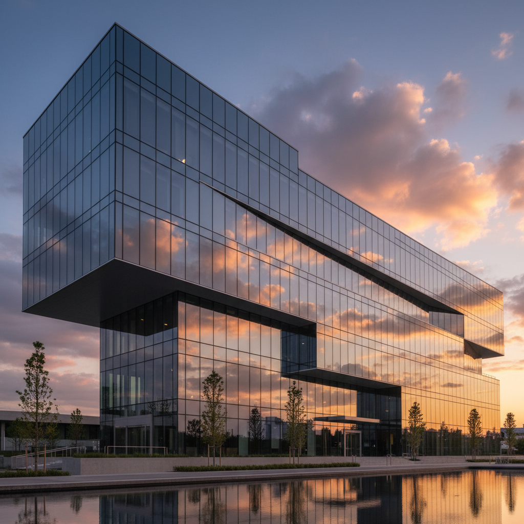 A modern glass bank building at sunset, reflection of clouds on windows, clean architectural lines, professional photography, high contrast, no text