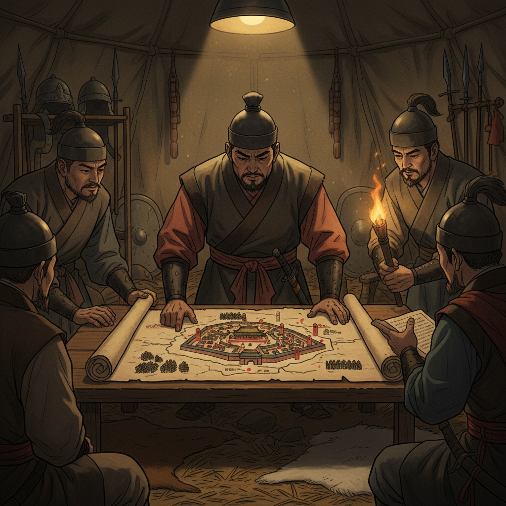 An artistic rendering of Eulji Mundeok, a Korean general, in a dimly lit war tent, intensely studying a detailed map of an ancient Chinese capital city (Daeheungseong). His face shows determination, and surrounding him are his trusted advisors in a strategic discussion. Style: illustration, artistic rendering, textured background. No visible text, focused lighting, centered composition.