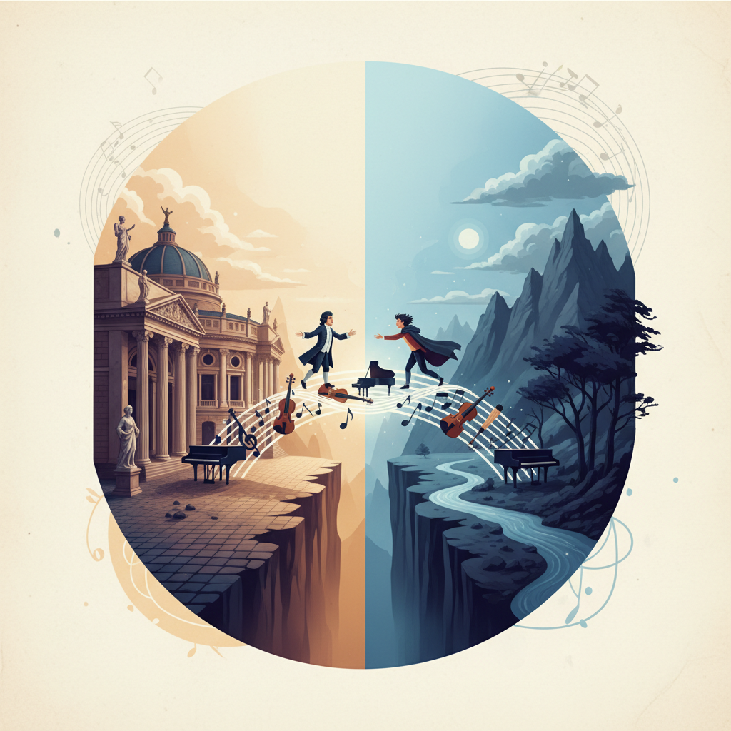 A symbolic image of a bridge connecting two different musical eras, representing the blend of Mozart's classical style and Beethoven's romantic innovations. The bridge could be made of musical notes or instruments, stretching across a divide with classical architecture on one side and a more dramatic, romantic landscape on the other. Clean infographic, modern layout, high contrast, no visible text in image. If UI elements needed, English-only minimal text. Never use Korean characters. Style: clean infographic, modern layout, high contrast. Background: colored/gradient/textured background, minimal empty space, frame full. Lighting: Bright, balanced lighting. No sexual/criminal/horror/child content. People: Korean appearance, natural expression. Composition: Centered focus, visually rich, no empty margins.