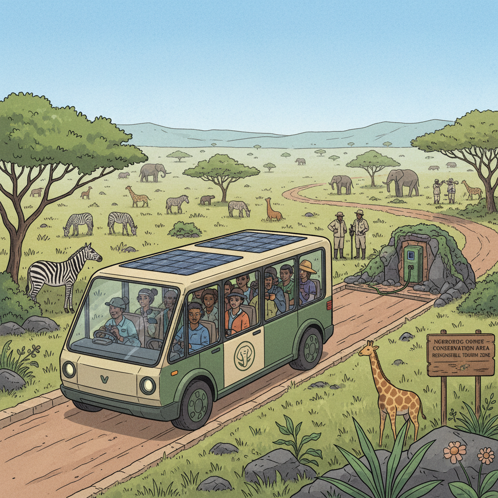 An illustration depicting a clean, sustainable safari vehicle on a designated path within Ngorongoro Conservation Area, emphasizing responsible tourism and conservation efforts, bright, balanced lighting, textured background, no visible text.