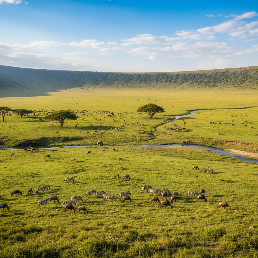 A wide-angle view of the Ngorongoro Crater, with diverse wildlife like zebras and wildebeest grazing peacefully. The landscape is lush and vibrant, showcasing a thriving ecosystem. Bright, balanced lighting, natural setting, no text, colored background, centered focus.