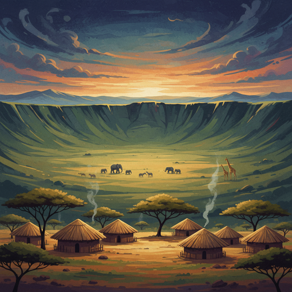 An artistic rendering of the Ngorongoro Crater landscape with traditional Maasai bomas (huts) in the foreground, suggesting harmony between nature and human settlement. The style is illustrative, with a textured background, no text, colored background, centered focus.