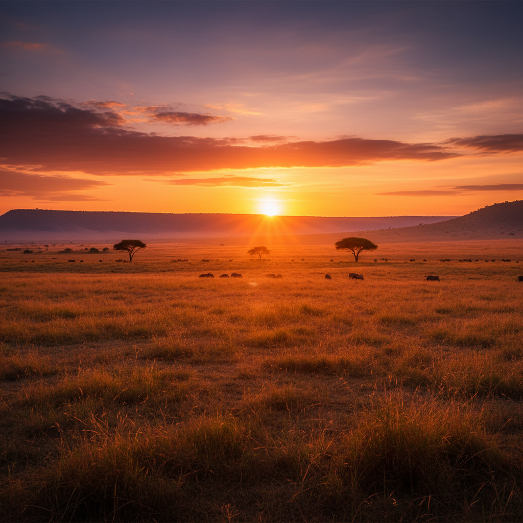 A breathtaking panoramic shot of the Ngorongoro Conservation Area at sunset, with golden light illuminating the vast plains and distant hills. The scene evokes a sense of wonder and timeless beauty. High contrast, warm lighting, natural setting, no text, colored background, centered focus.