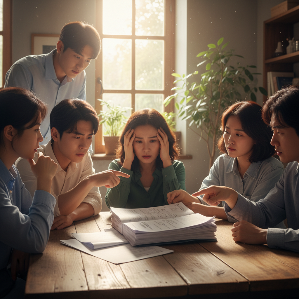A diverse group of Korean individuals, some appearing stressed, looking at a stack of medical bills or a high health insurance statement, warm lighting, natural setting, lifestyle photography, no text