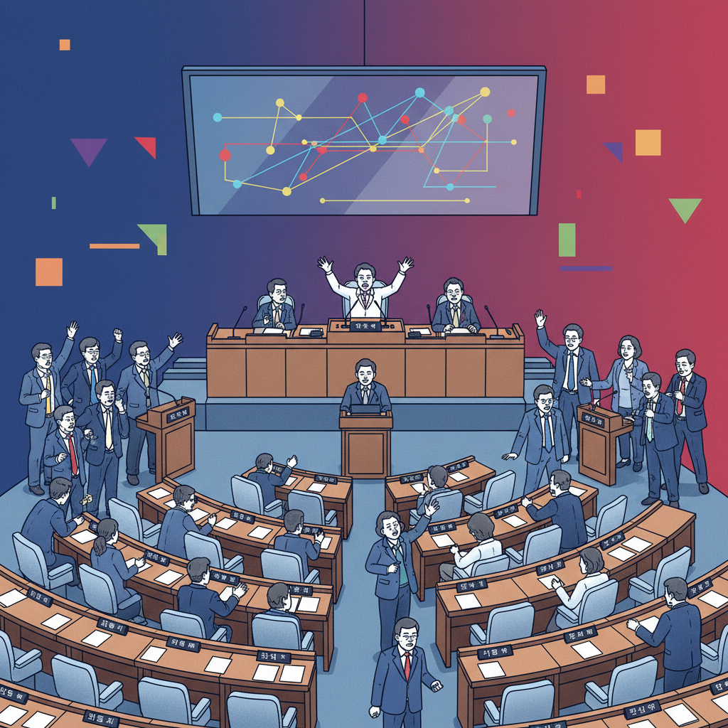 A scene inside a legislative chamber, showing diverse Korean politicians engaged in a heated debate, focused expressions, modern layout, high contrast, clean infographic style, colored background, no text