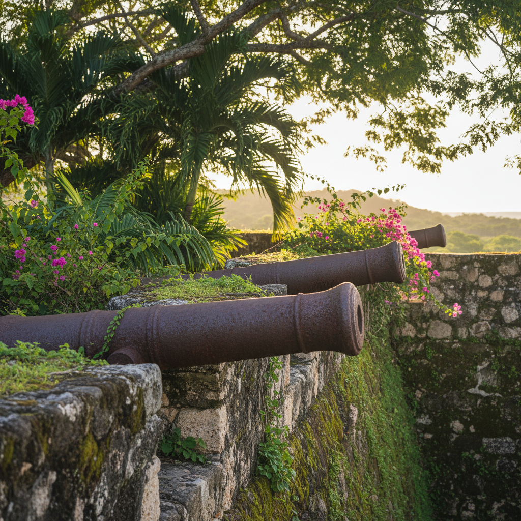 Close up of ancient rusty iron cannons on mossy stone walls of a Spanish fort, tropical vegetation nearby, soft natural lighting, lifestyle photography style, no text