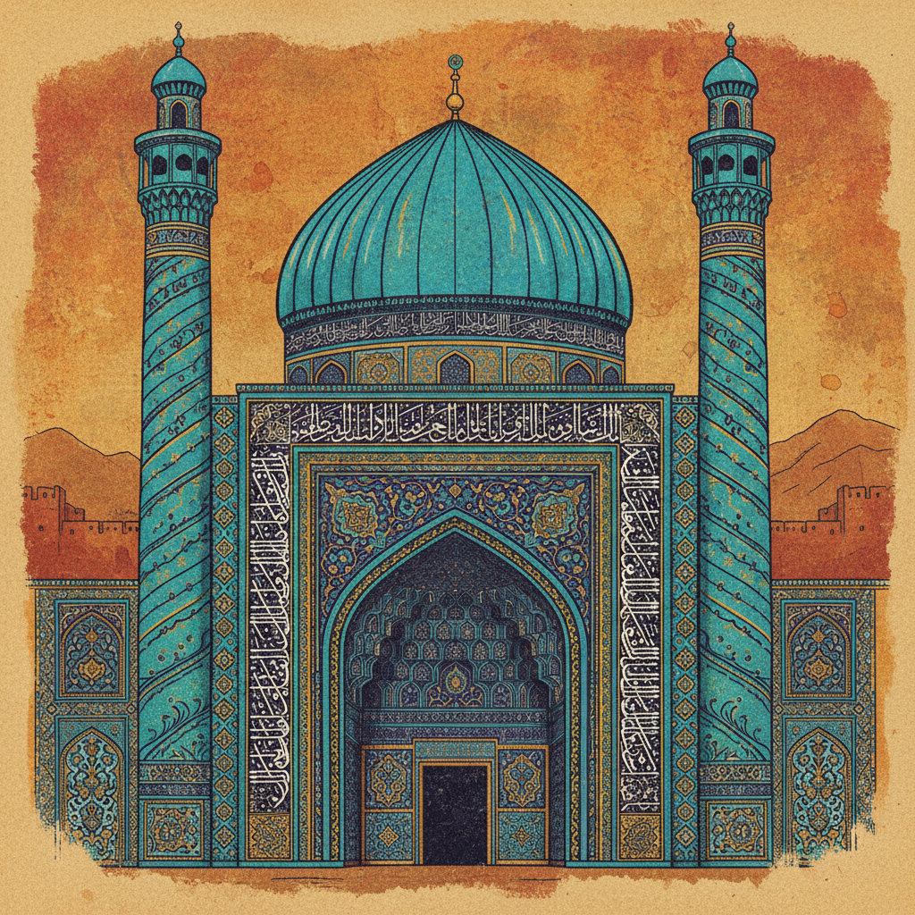 A detailed illustration of the Imam Mosque in Meidan Emam, Isfahan, highlighting its stunning blue mosaic tiles, intricate calligraphic patterns, and grand minarets. The style is artistic rendering with a rich, textured background, conveying historical and cultural significance. No text.