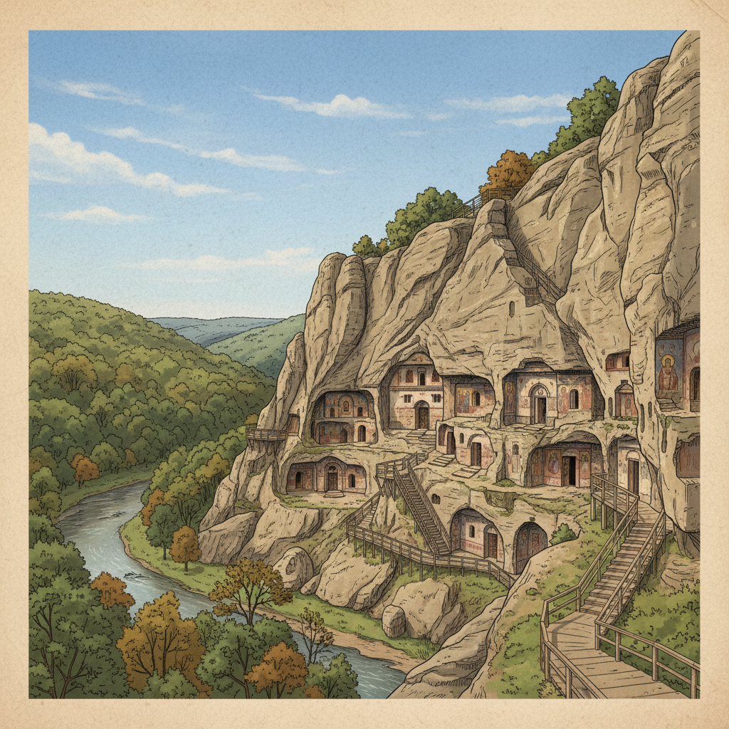 A panoramic view of the Rock-Hewn Churches of Ivanovo in Bulgaria, carved into a cliff face, historical illustration style, textured background, no text, bright and balanced lighting, centered focus.