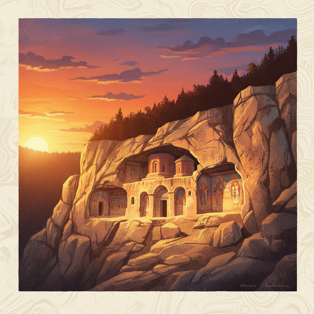 An atmospheric illustration of the Rock-Hewn Churches of Ivanovo at sunset, emphasizing their unique historical and cultural significance, artistic rendering, textured background, no text, bright and balanced lighting, centered focus.