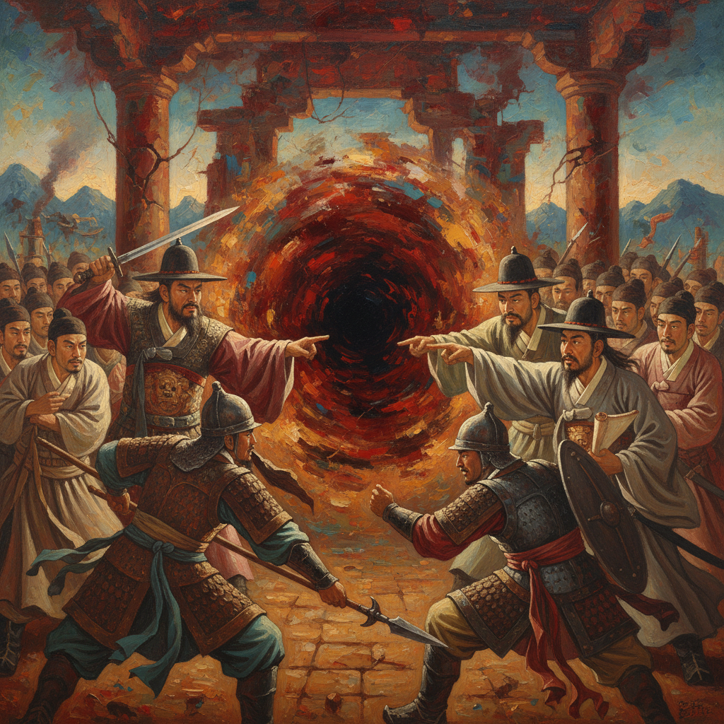 An artistic rendering symbolizing the power vacuum and conflicts in Goryeo without Yi Seong-gye. Focus on multiple figures vying for power against a dramatic, textured backdrop. Korean appearance, natural expression, no text, artistic rendering, textured background, bright, balanced lighting.