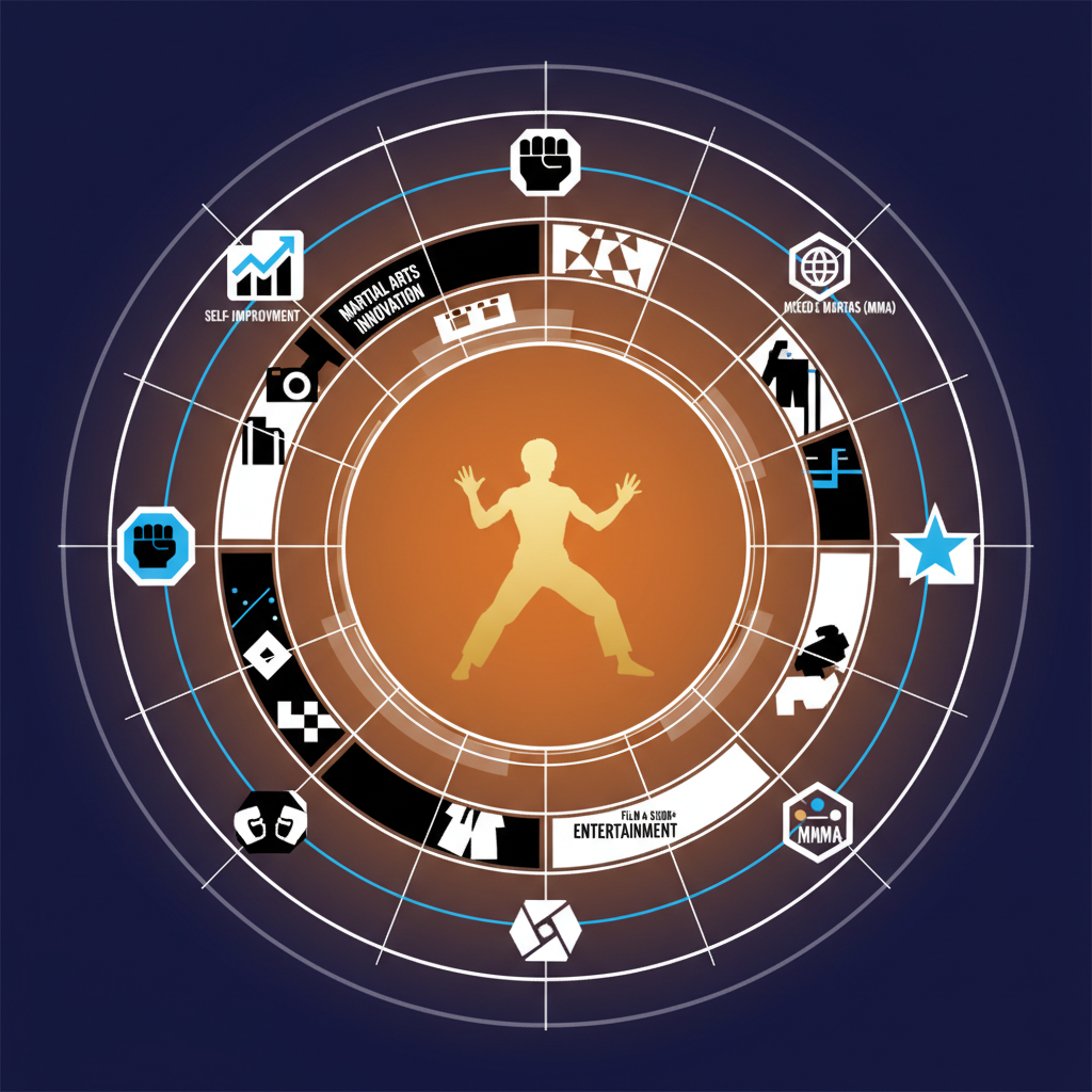 A stylized infographic showcasing the ripple effect of Bruce Lee's philosophy spreading through different aspects of culture and martial arts. The design should be clean, modern layout, with high contrast. Bright, balanced lighting, colored background, no text.