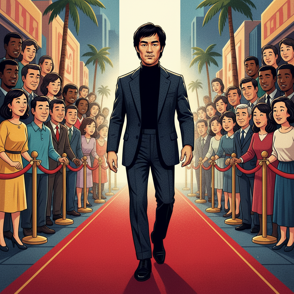 An illustration depicting Bruce Lee confidently walking on a red carpet in Hollywood, with various diverse faces of actors in the background looking inspired. The scene suggests a shift in representation. Style: illustration, modern layout, bright and balanced lighting, textured background. No text.