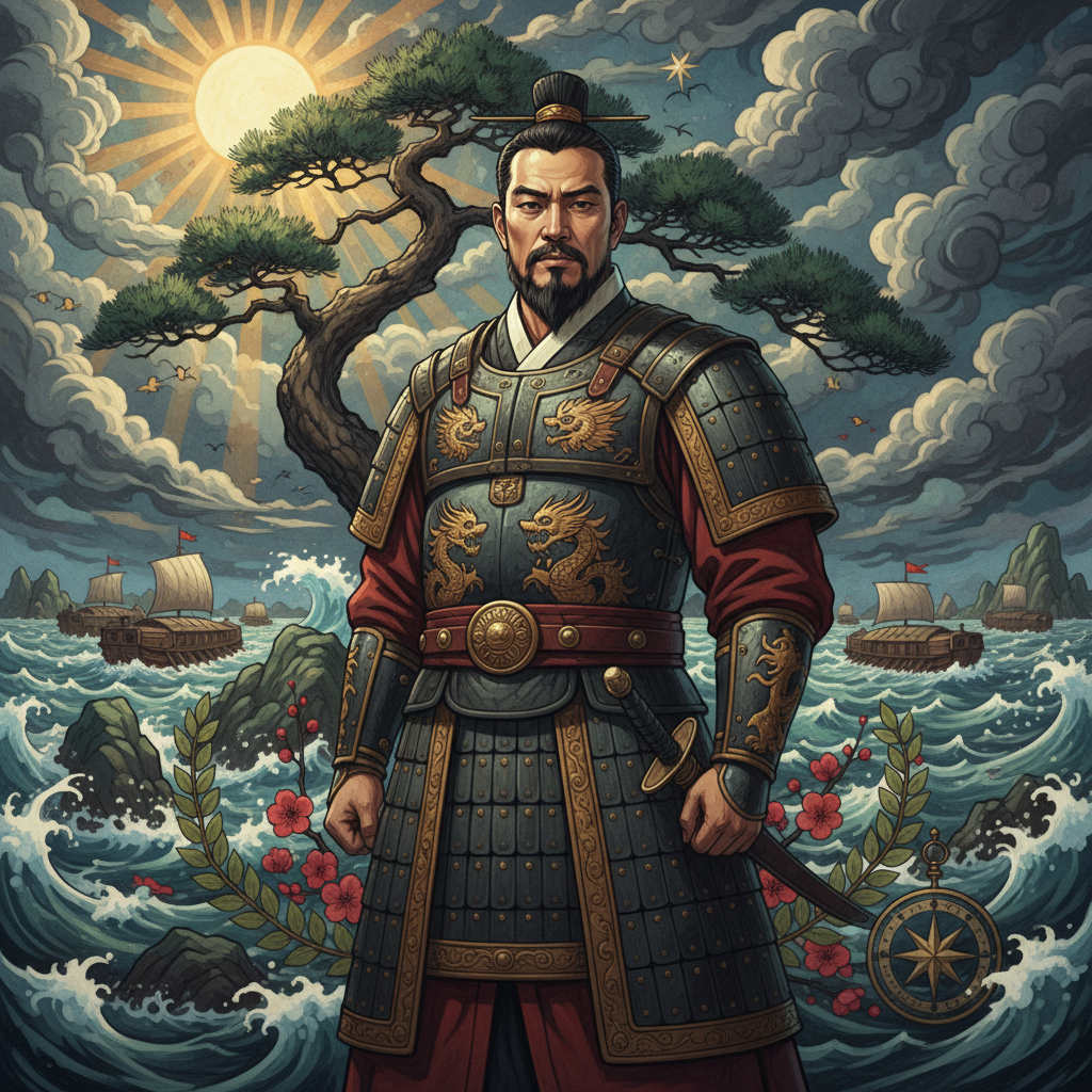 An illustration depicting the strong and upright character of Admiral Yi Sun-sin, surrounded by symbols of integrity and perseverance. The style is an artistic rendering with a deep, textured background, conveying a sense of historical significance. No visible text, and the lighting is strong and purposeful.