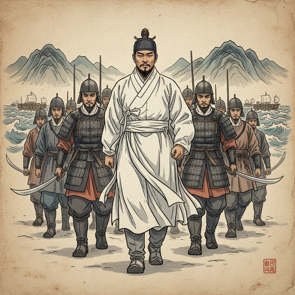 Artistic rendering of Admiral Yi Sun-sin in simple white clothes, walking among soldiers with a determined expression, historical illustration style, textured background, no text, Korean appearance