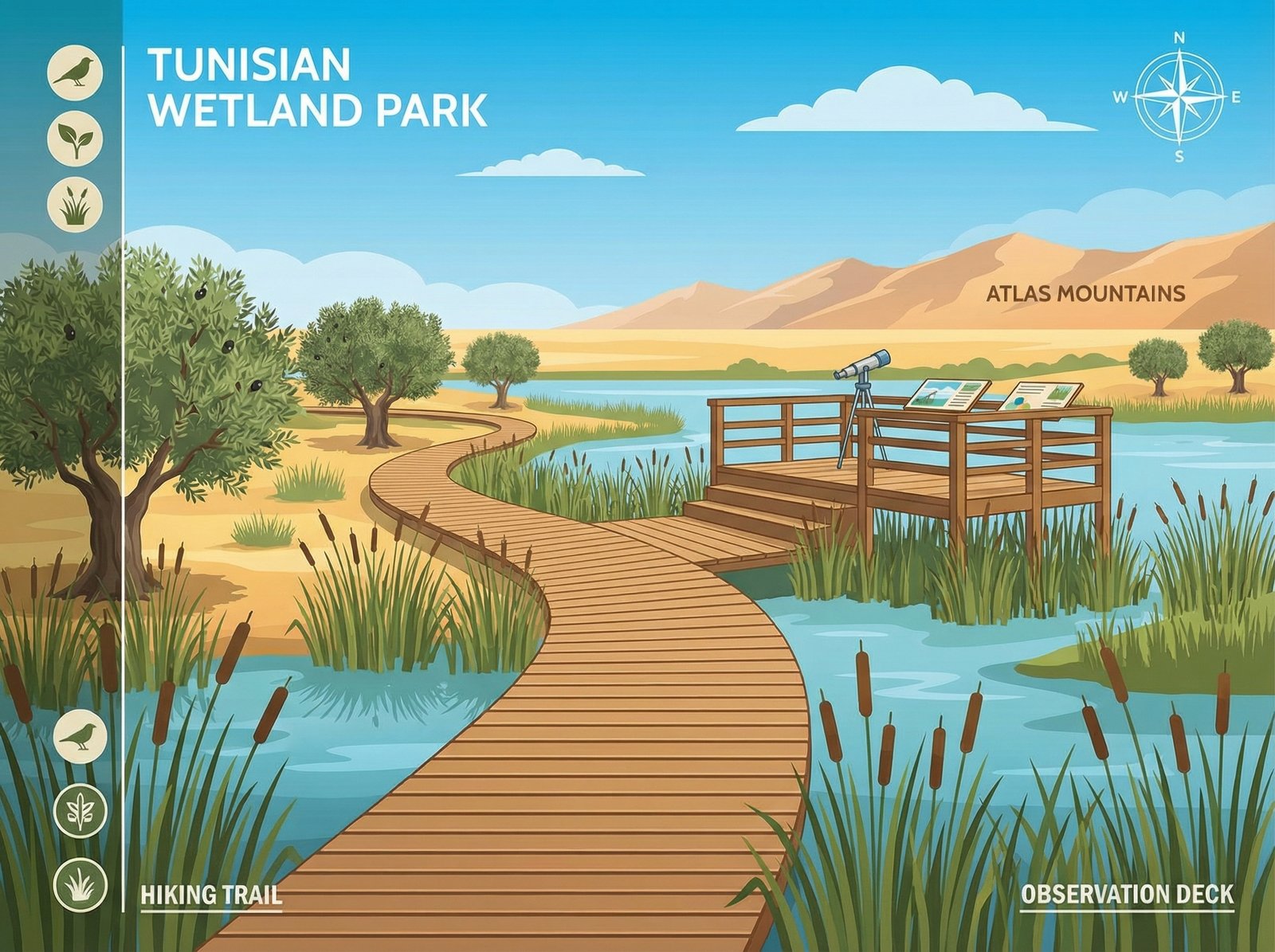 A peaceful hiking trail winding through a Tunisian wetland park, wooden observation deck, mountains in the distance, clean infographic layout style, bright lighting, 4:3
