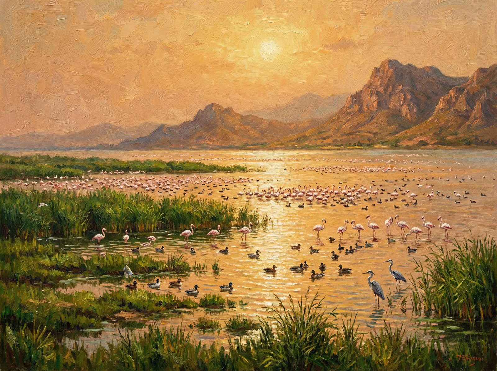 A panoramic view of Ichkeul Lake in Tunisia with thousands of migratory birds on the water, lush green wetlands, rocky mountains in the background, artistic rendering, textured background, warm sunlight, 4:3