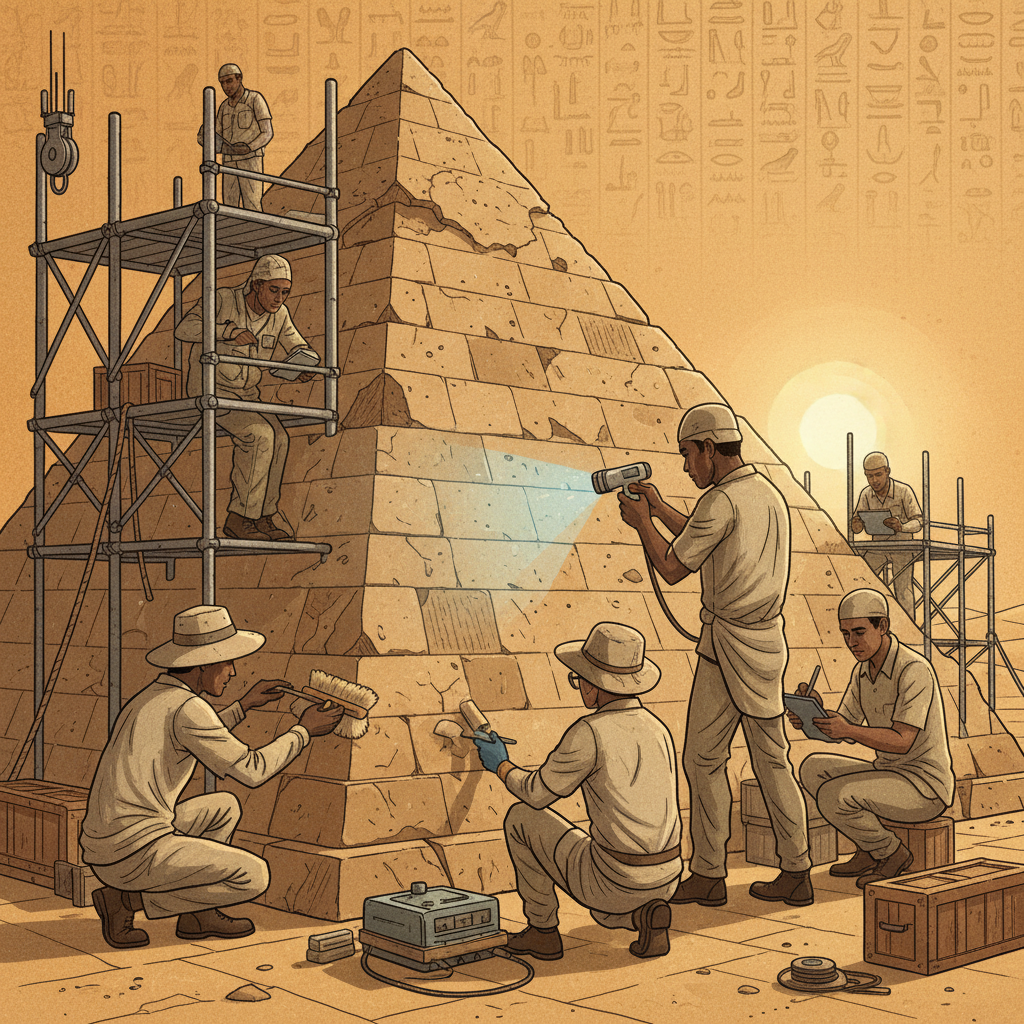 illustration, artistic rendering, textured background of archaeologists and conservationists carefully working to preserve an ancient Egyptian pyramid, highlighting their efforts with modern tools and respect for history, natural lighting, no visible text.