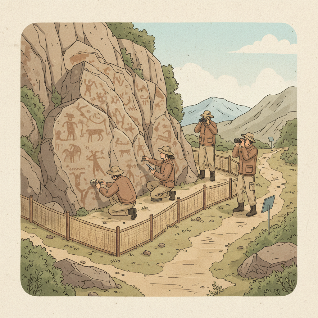 An illustration depicting the careful preservation efforts at the Valcamonica rock drawings site. Researchers are subtly examining the ancient carvings, with protective barriers and minimal modern infrastructure blending into the natural environment. The style is an artistic rendering with a textured, subtle background, focusing on the respectful interaction with heritage. No visible text, illustration, artistic rendering, textured background.