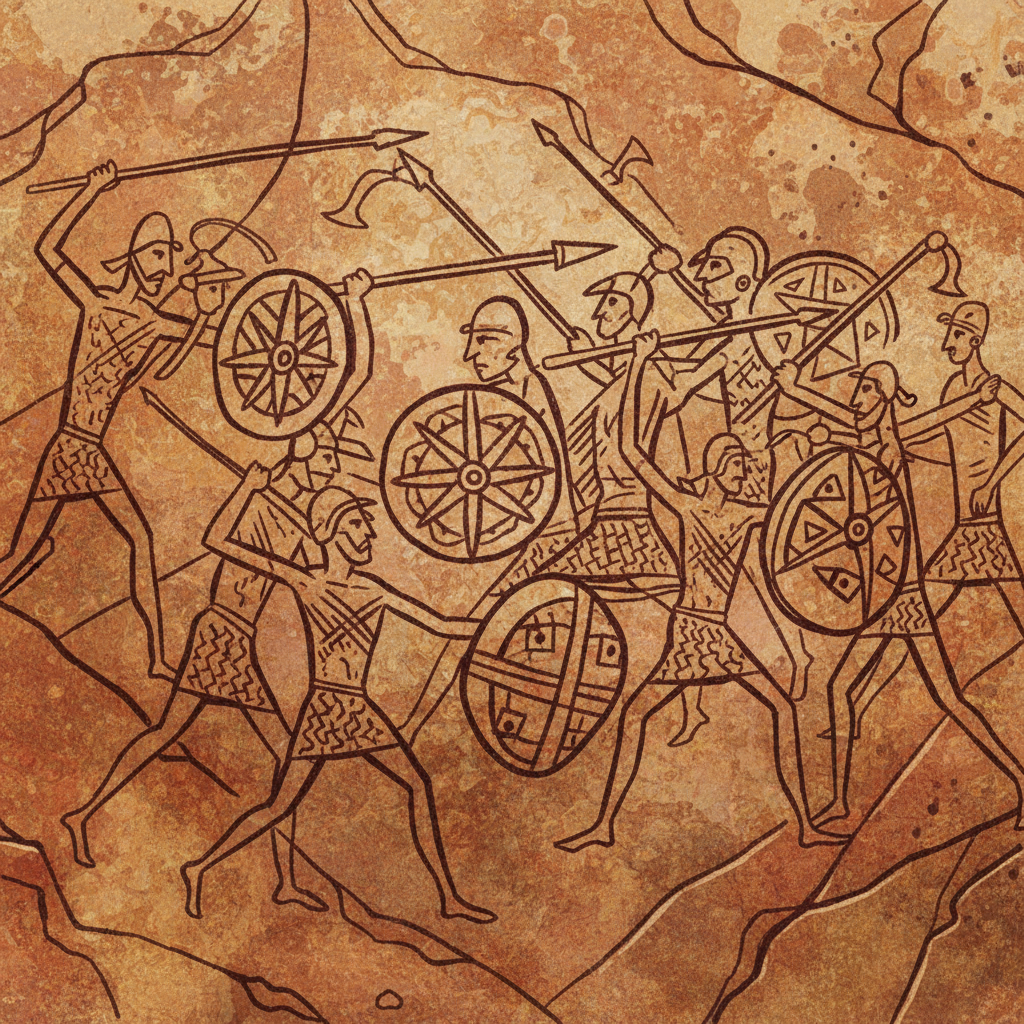 A close-up, highly detailed illustration of an ancient battle scene from the Valcamonica rock drawings. The figures are stylized yet dynamic, showing warriors with weapons and shields. The background is a textured, earthy tone, emphasizing the historical and artistic quality. No visible text, illustration, artistic rendering, textured background.