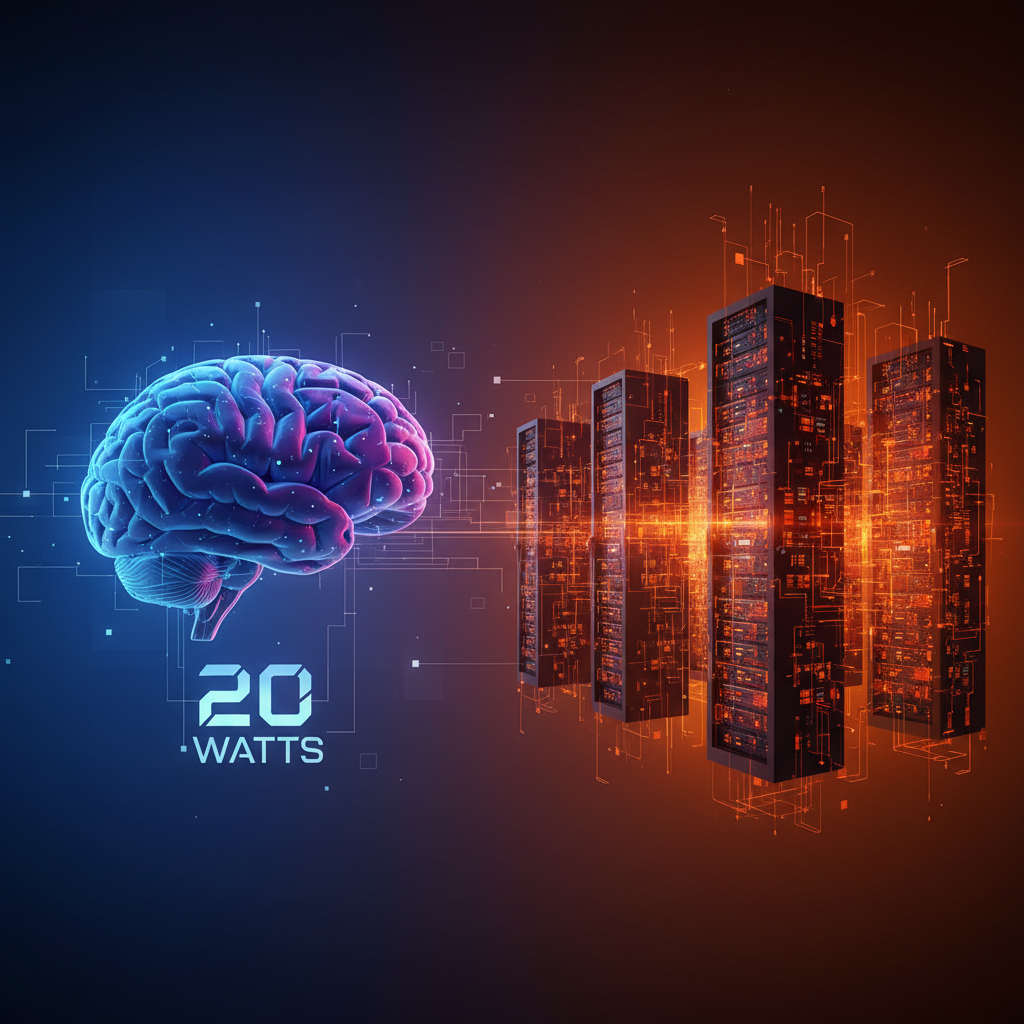 A conceptual illustration comparing a human brain with 20 watts label and a massive AI server cluster, vibrant blue and orange gradient background, no text