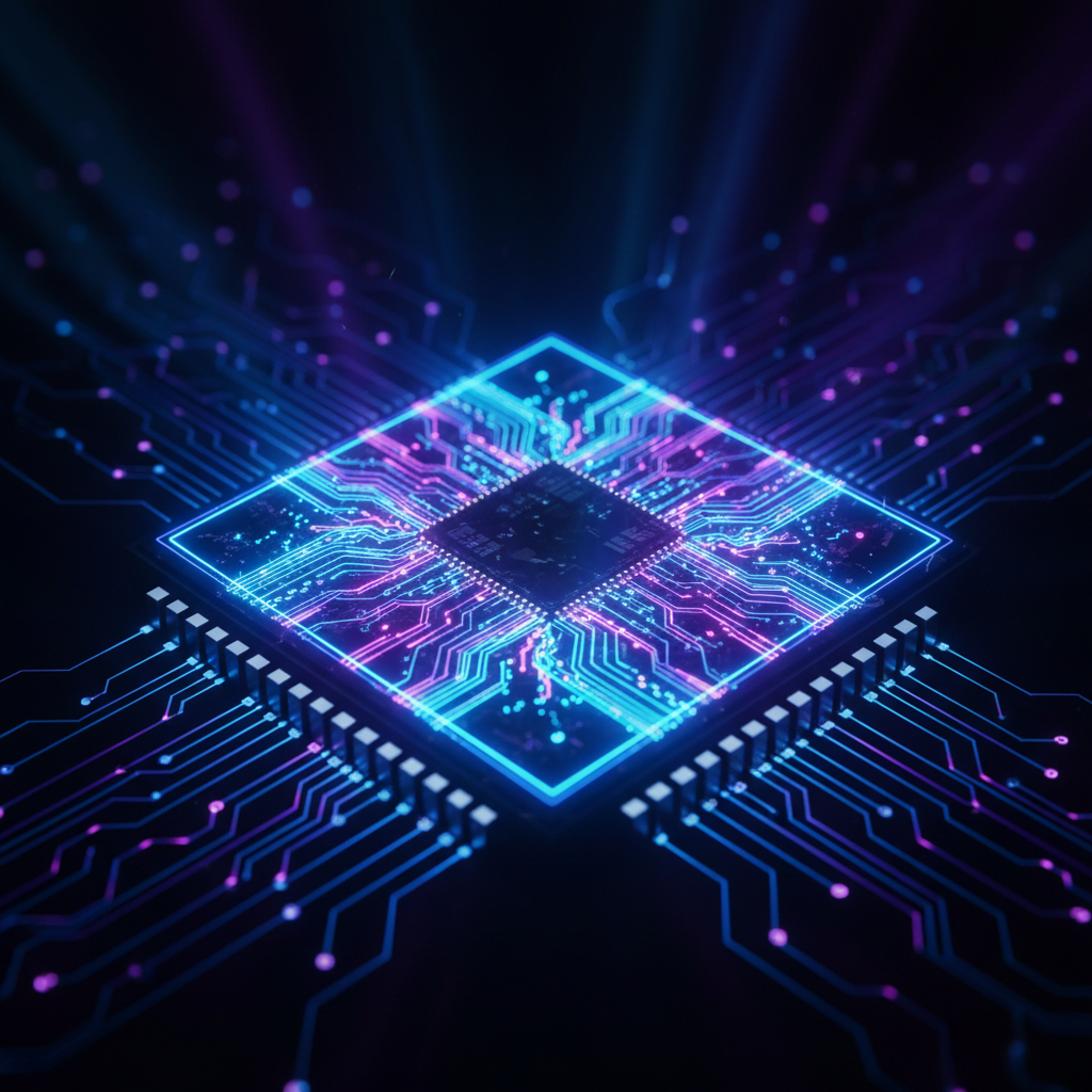 Close-up of a glowing semiconductor chip representing AI technology, neon circuits, futuristic aesthetic, dark background with blue and purple light, high detail, no text