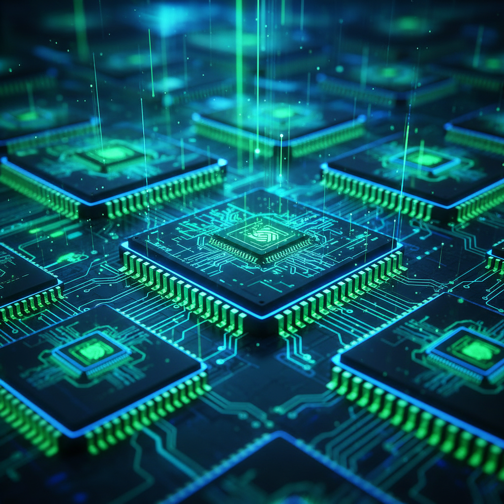 High-tech semiconductor chips representing AI technology like Nvidia, modern layout, high contrast, vibrant blue and green background, no text