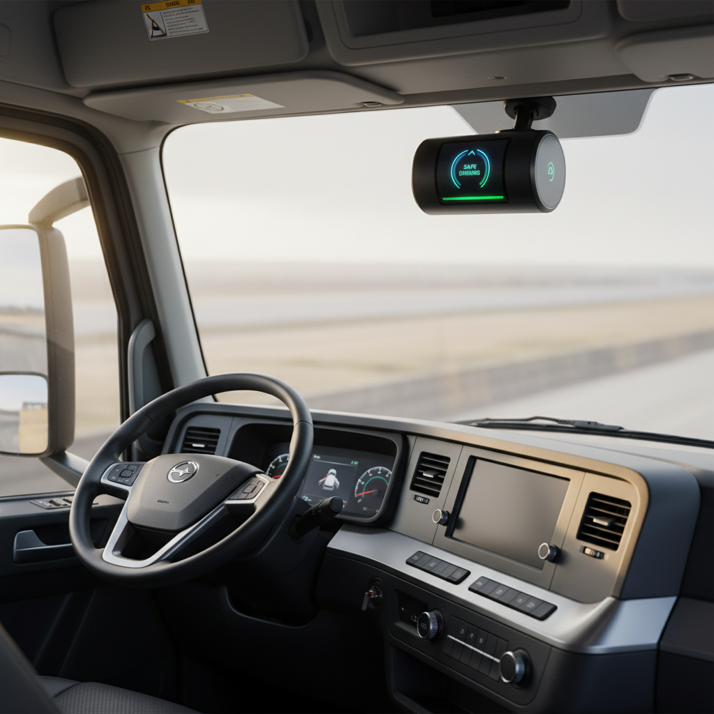 Interior of a modern truck cabin, a smart AI dashcam mounted on the windshield, focused on the device showing a safe driving indicator, soft natural lighting, realistic automotive photography, no text