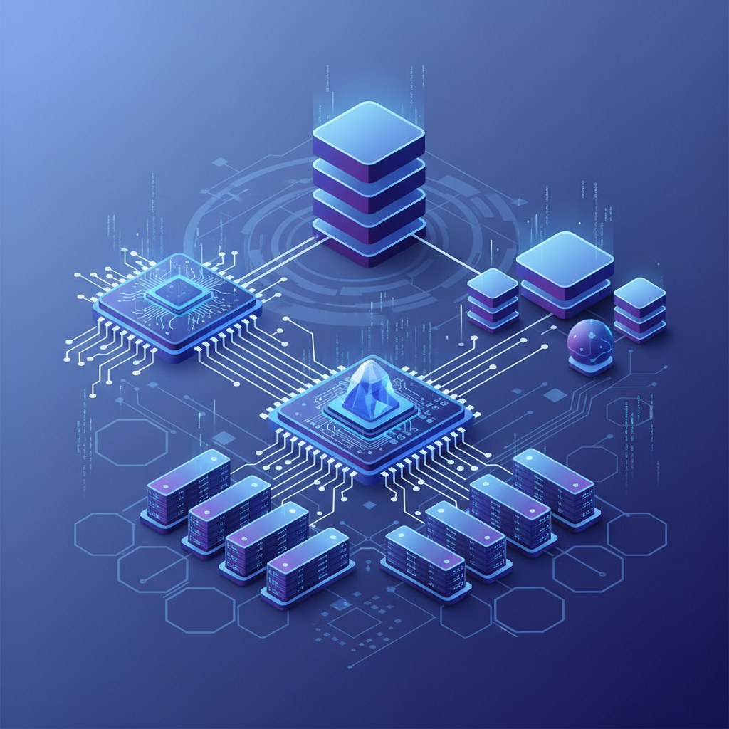 Clean infographic style illustration of advanced AI chips and cloud server architecture, glowing blue and purple accents, modern tech layout, no text, visually rich background